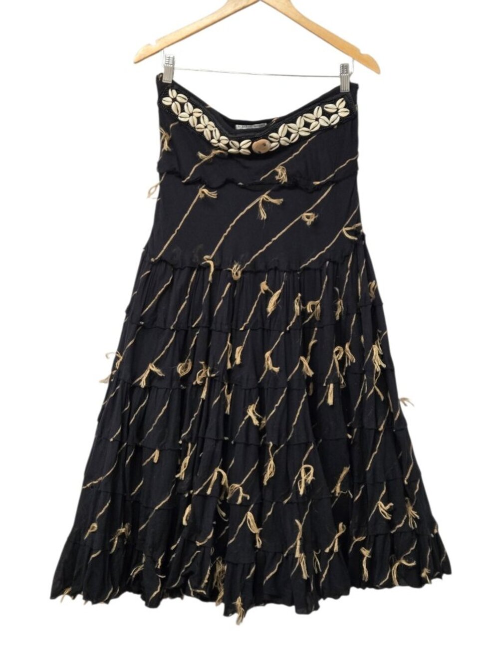 Vntg Alberto Makali Sz 12 Black Cowrie Shell Tiered Midi Skirt Hippie Boho Chic